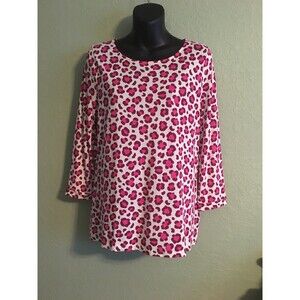 Boden Size US 8 UK 12 White Pink 3/4 Sleeve Scoop Neckline Top Leopard Print